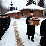 **

A Russian funeral procession in a snowy village. Orthodox priests in traditional vestments are leading the way. People are carrying a dark wooden coffin adorned with flowers. In the background, traditional Russian houses (izbas) and birch trees are visible. The overall tone is somber and respectful, reflecting Russian Orthodox traditions. Include details such as snow-covered ground, fur hats worn by mourners, and traditional embroidered towels on the coffin.

**