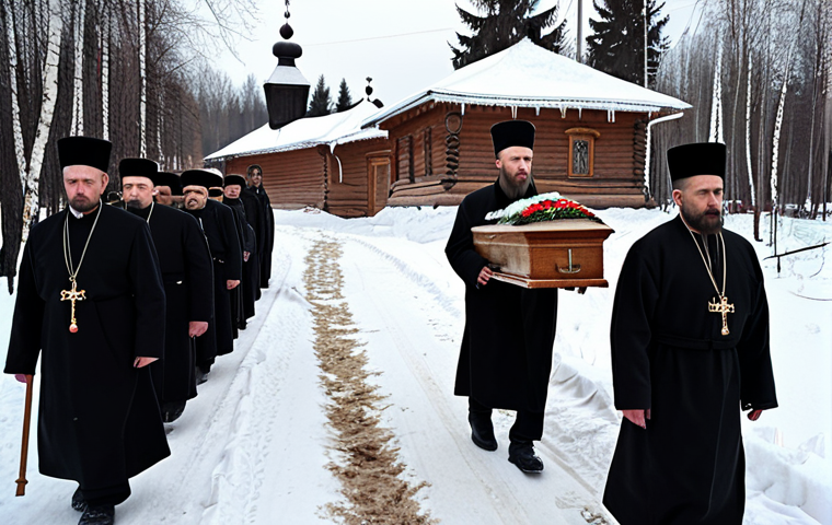 **
A Russian funeral procession in a snowy village. Orthodox priests in traditional vestments are leading the way. People are carrying a dark wooden coffin adorned with flowers. In the background, traditional Russian houses (izbas) and birch trees are visible. The overall tone is somber and respectful, reflecting Russian Orthodox traditions. Include details such as snow-covered ground, fur hats worn by mourners, and traditional embroidered towels on the coffin.
**