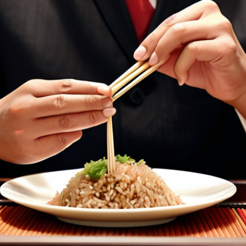 Home 6 A person using chopsticks to eat rice at a formal Asian dinner, showcasing proper chopstick etiquette, with a tea ceremony in the background, emphasizing respect and cultural awareness.