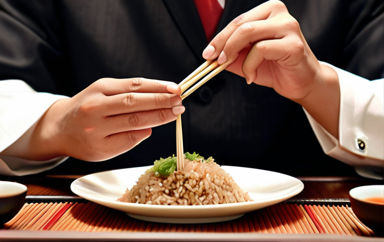A person using chopsticks to eat rice at a formal Asian dinner, showcasing proper chopstick etiquette, with a tea ceremony in the background, emphasizing respect and cultural awareness.